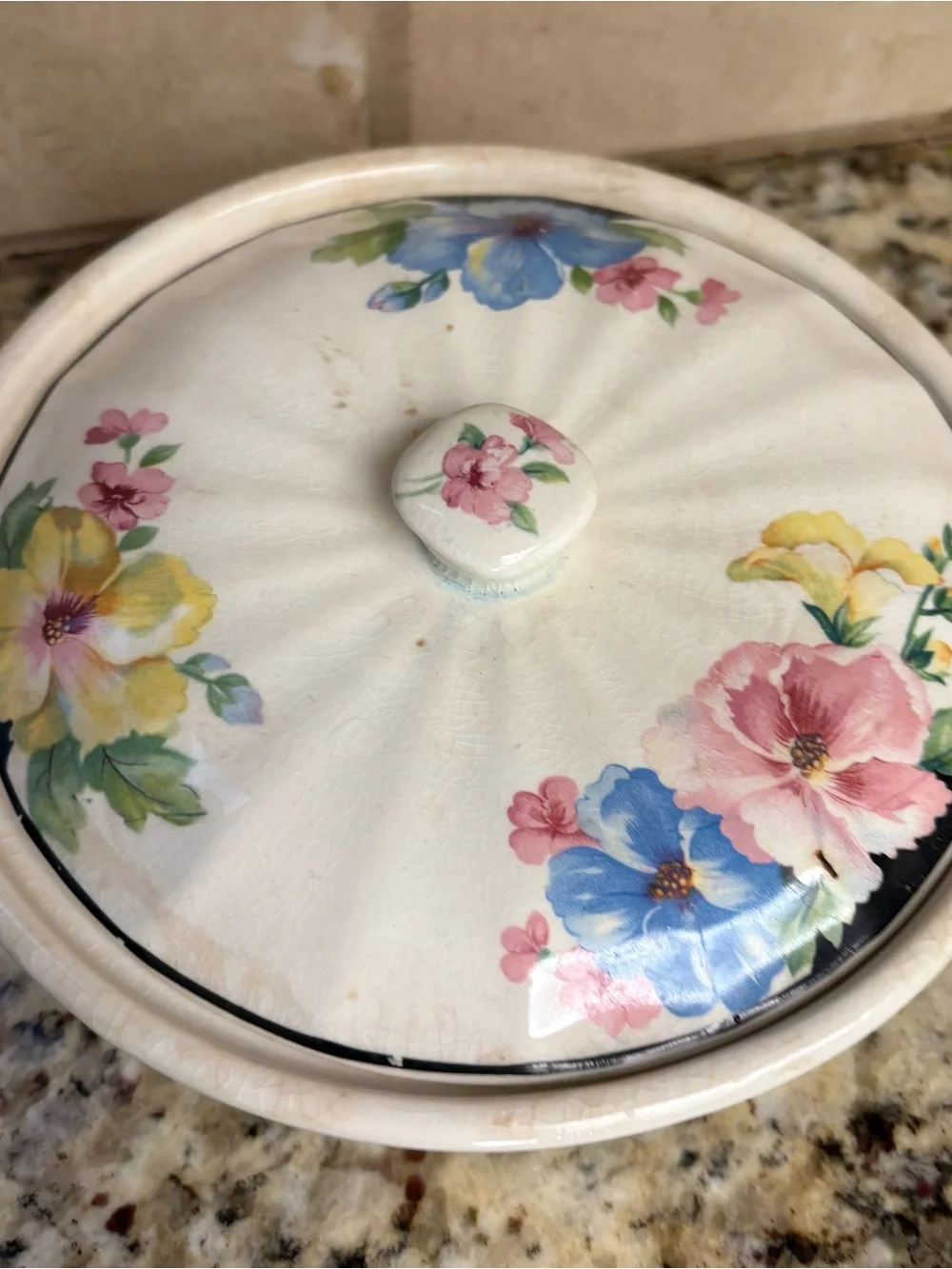 White Ceramic Covered Casserole with Pink, Blue and Yellow Floral Design